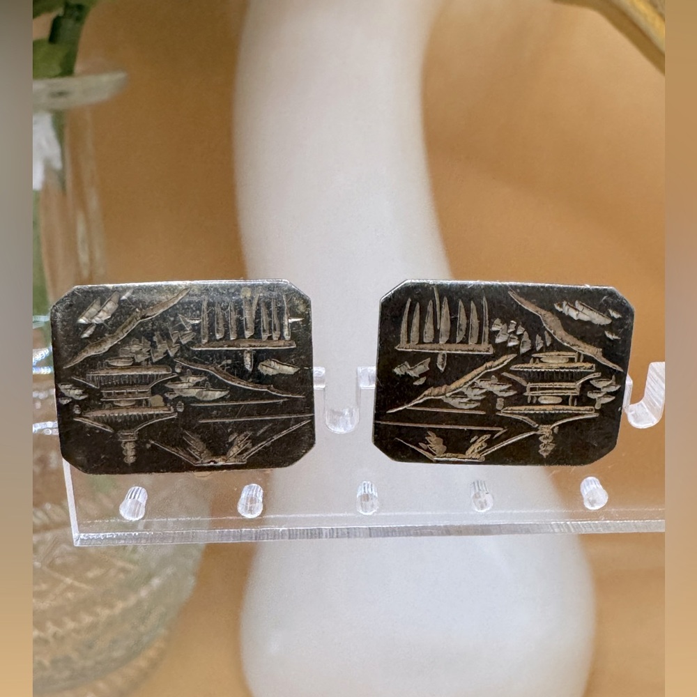 Vintage Sterling Silver Damascene Asian Cufflinks